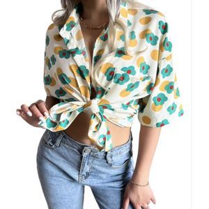 Camisa Yellow & Teal Floral Short Sleeve Pocket Button Up Size L